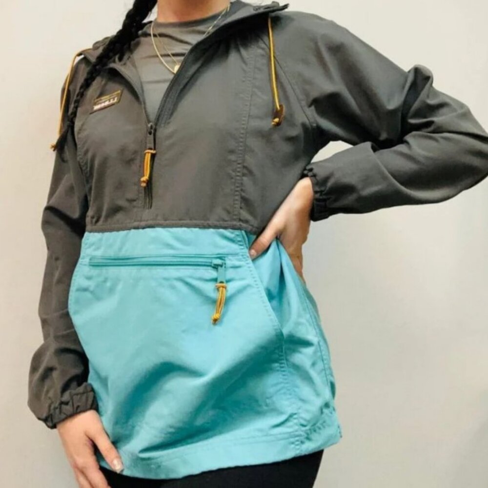 LL Bean anorak pullover jacket gray aqua, size small